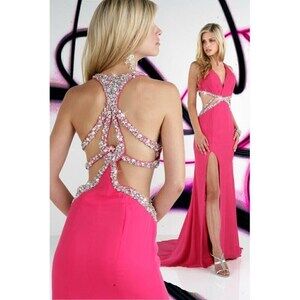 Xcite Rhinestone Open Back Prom Dress 32220 Fuchsia